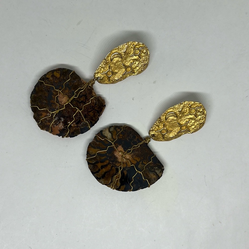 KIM Gold Tone Star & Moon Gold Wire Wrapped Stone Textured Drop Earrings